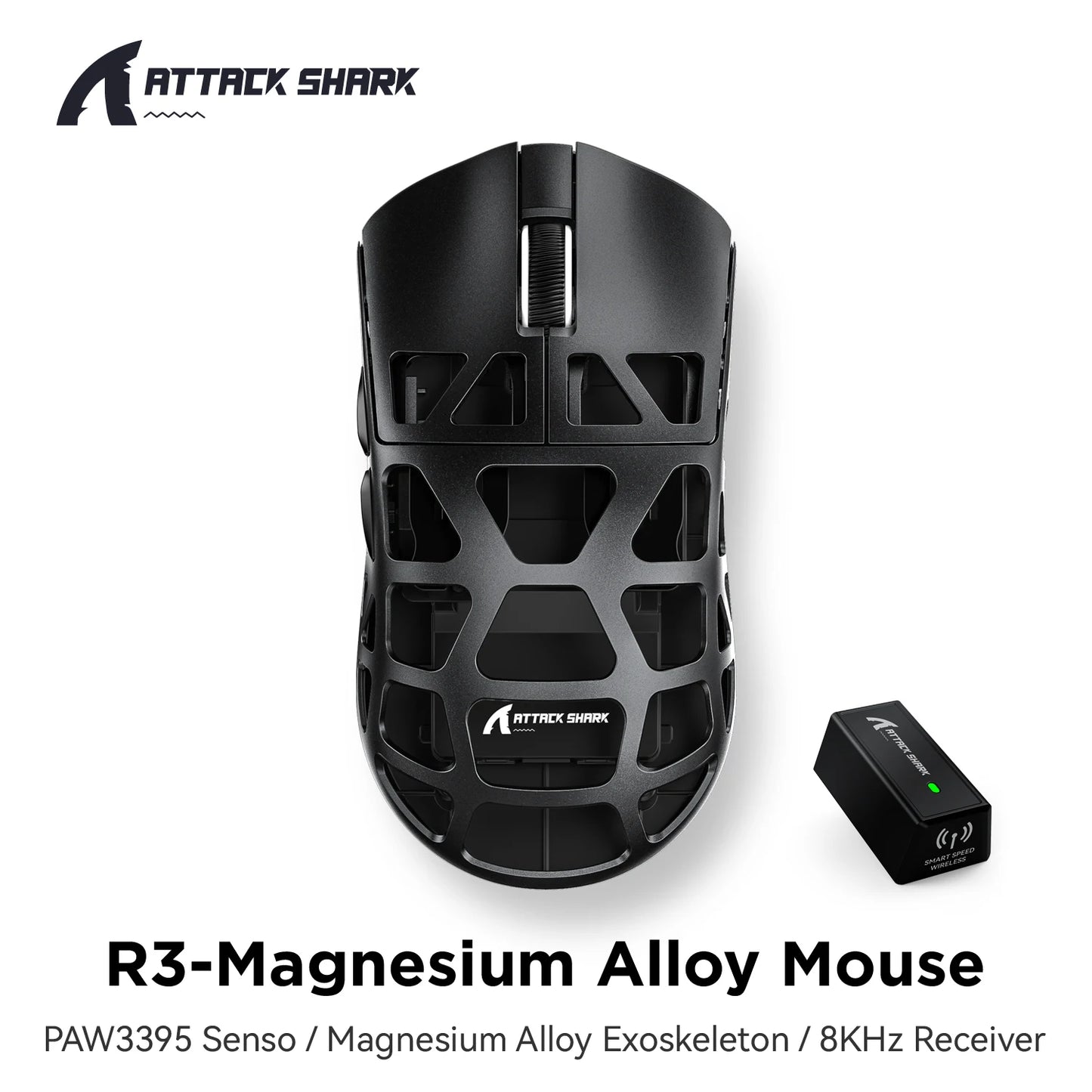 ATTACK SHARK R3 gamingmus i magnesiumlegering med bikakestruktur, ultralätt 8K Hz, PAW3395-sensor, 26000 DPI, ergonomiskt skal