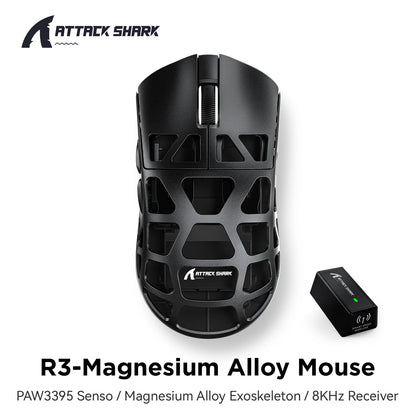 ATTACK SHARK R3 gamingmus i magnesiumlegering med bikakestruktur, ultralätt 8K Hz, PAW3395-sensor, 26000 DPI, ergonomiskt skal