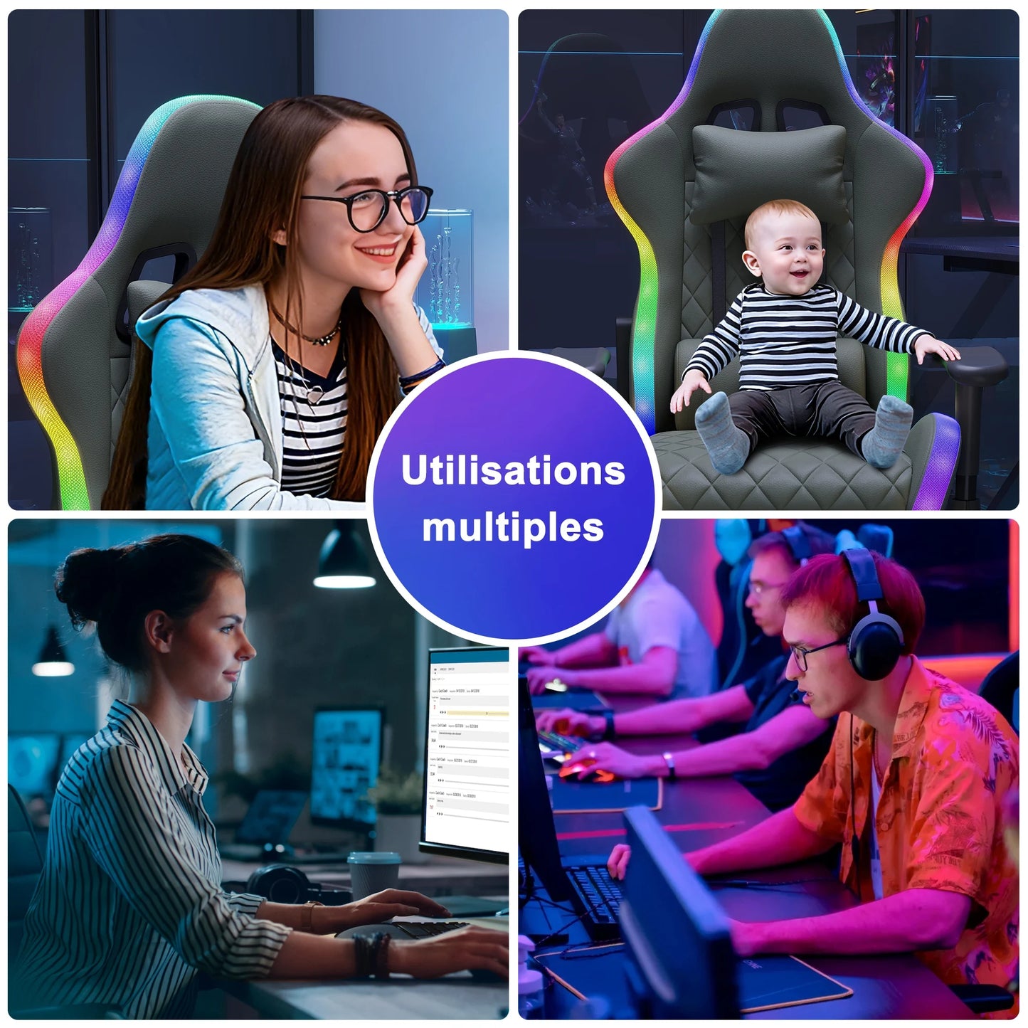 Ergonomic Office Chair with Lumbar Massage, LED RGB Ambient Lighting, and Reclining Backrest, for Home Offices