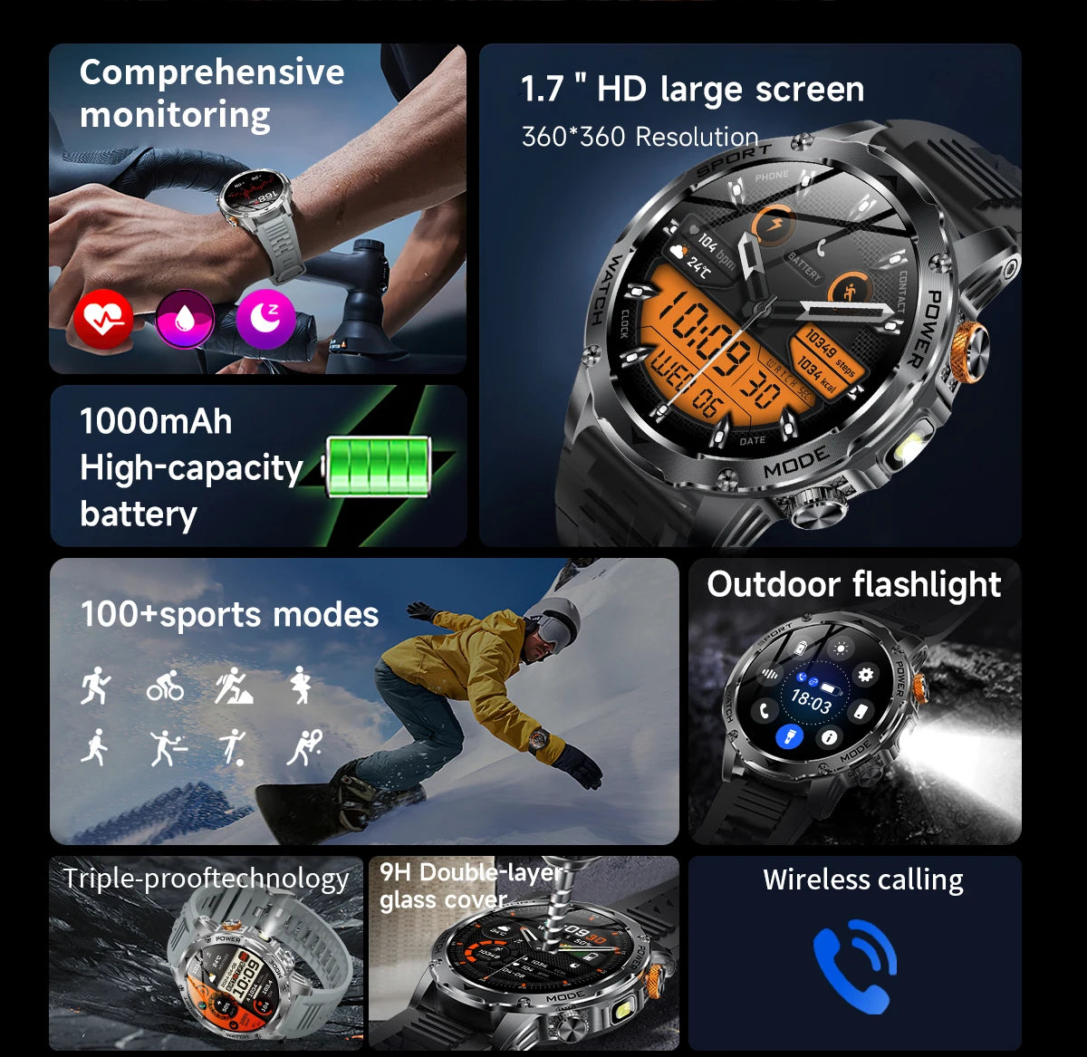 LIGE New Smart Watch Men 1000mAh Large Capacity Battery Outdoor Flashlight Bluetooth Call Waterproof Sport Fitness Smartwatch