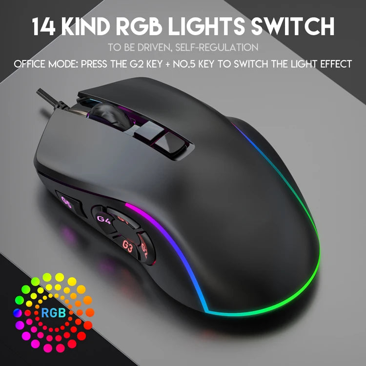 Mouse cablato da gaming e ufficio 7200 DPI con retroilluminazione RGB, 6 livelli DPI regolabili, 10 pulsanti programmabili e pulsante per tornare al desktop