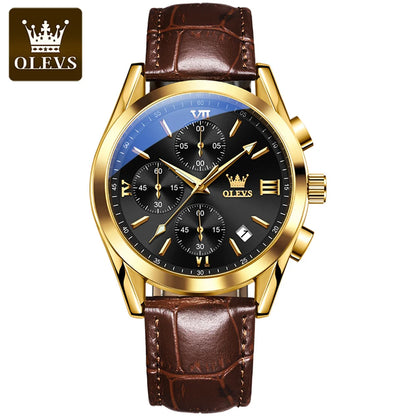 Relógio de pulso cronógrafo para homem OLEVS 2872 – Pulseira em pele, resistente à água, ponteiros luminescentes, movimento de quartzo, estilo desportivo de luxo