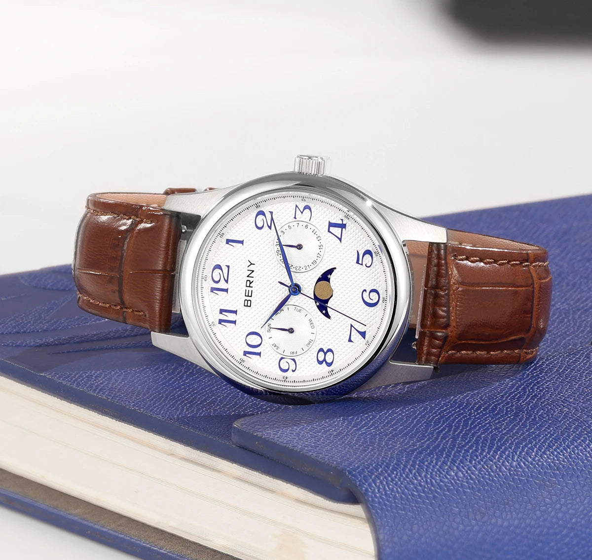 BERNY Watches for Men Moon Phase Quartz Men's Watch Day and Date Calendar Easy Read Vintage-Style Business Dress Wristwatch