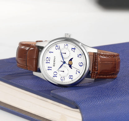 BERNY Watches for Men Moon Phase Quartz Men's Watch Day and Date Calendar Easy Read Vintage-Style Business Dress Wristwatch