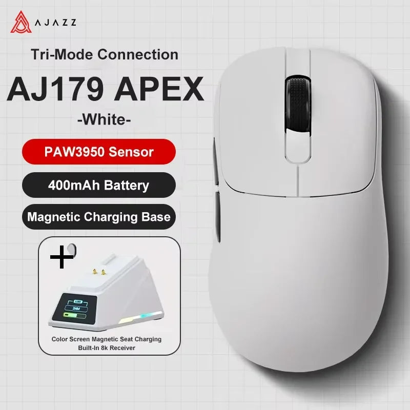 Ασύρματο Gaming Ποντίκι Ajazz AJ179 APEX με Βάση Έγχρωμης Οθόνης, Bluetooth, PAW3395, Μπαταρία 400mAh, Ρυθμός Ανανέωσης 8000Hz