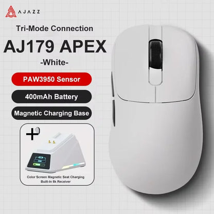 Ασύρματο Gaming Ποντίκι Ajazz AJ179 APEX με Βάση Έγχρωμης Οθόνης, Bluetooth, PAW3395, Μπαταρία 400mAh, Ρυθμός Ανανέωσης 8000Hz