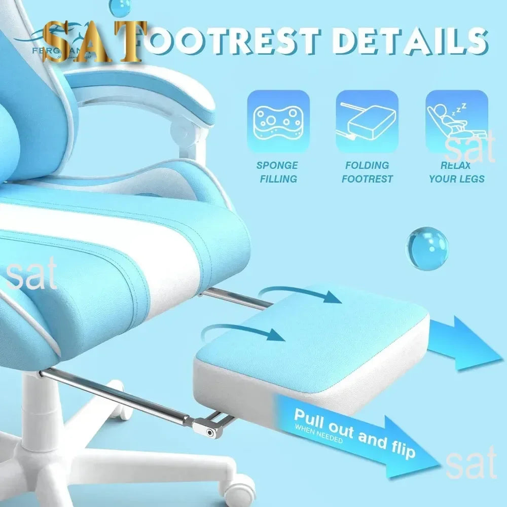 For Kawaii Light Blue Gaming Chair with Bunny Ears, Ergonomic Cute Gamer Chair with Footrest and Massage, Racing Reclining
