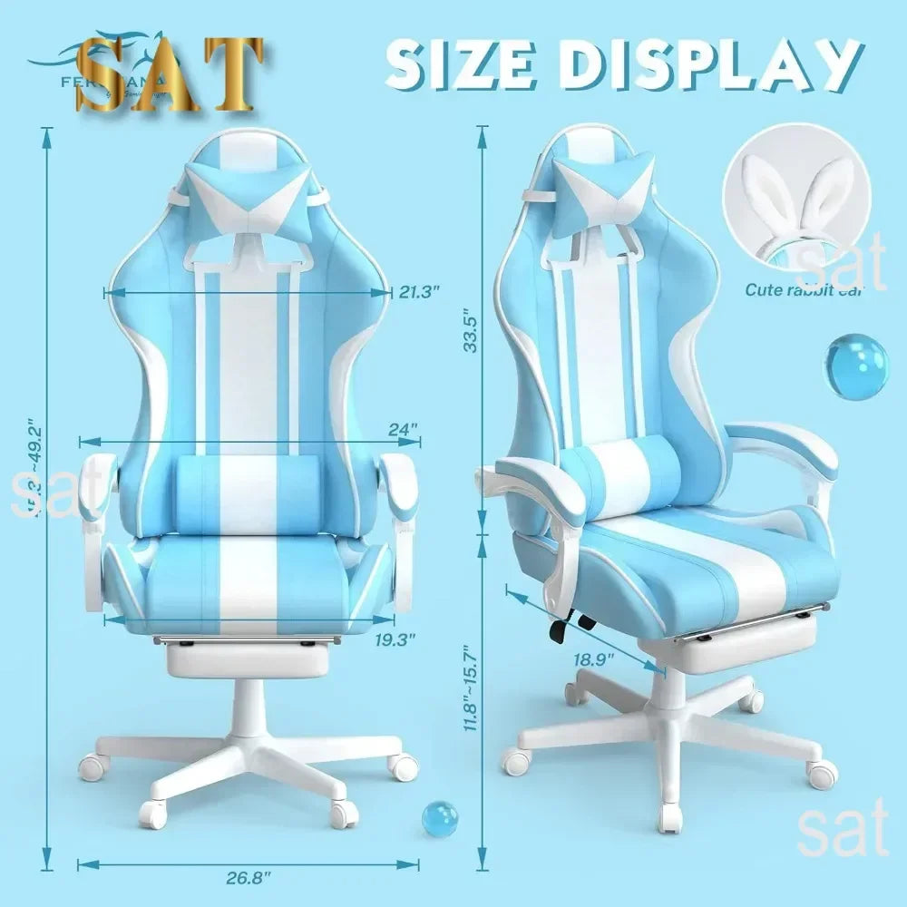 For Kawaii Light Blue Gaming Chair with Bunny Ears, Ergonomic Cute Gamer Chair with Footrest and Massage, Racing Reclining