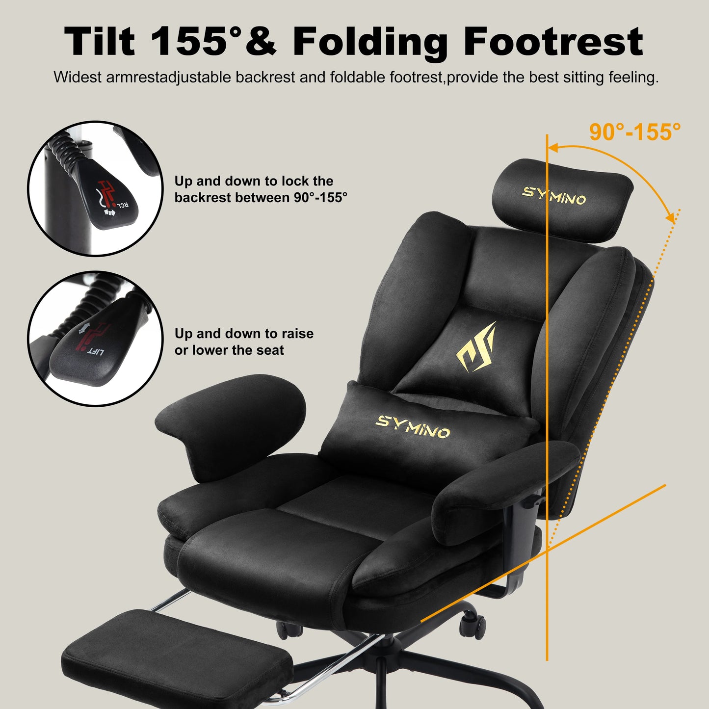 Symino Gaming Chair, Faux Suede Sofa-Style Office Chair with Footstool Height-Adjustable Office Chair, 130kg Capacity