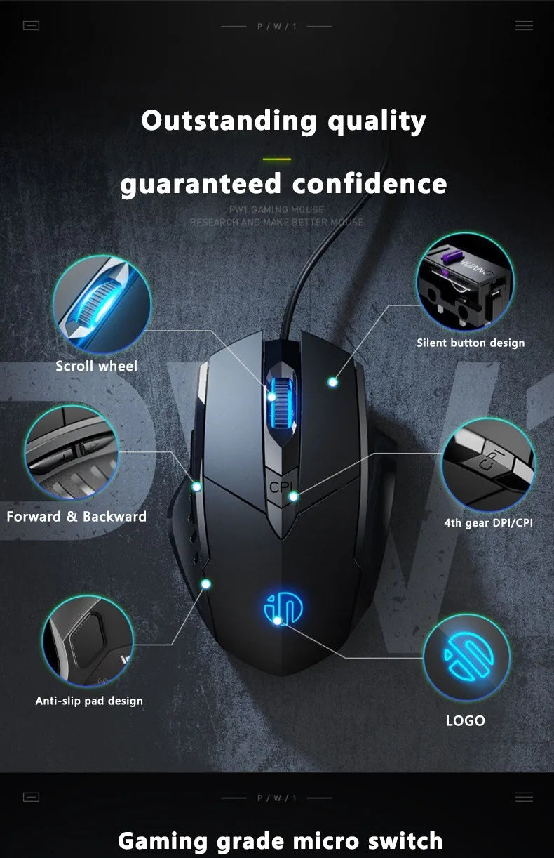 Inphic W1 Wired Gaming Mouse USB Esports Mouse with Adjustable DPI, Programmable Macro Buttons, Silent Click Office & Gaming Mouse
