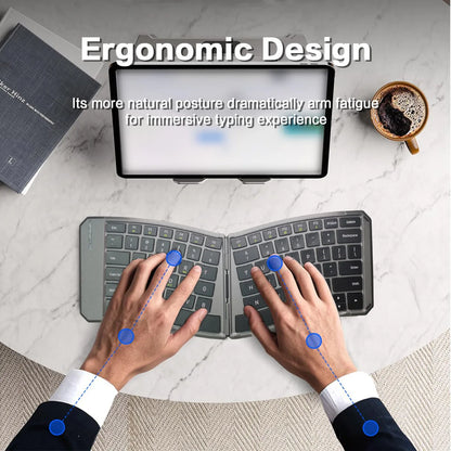 Tastiera Bluetooth ergonomica pieghevole, tastiera compatta divisa portatile per viaggi di lavoro, tastiera wireless pieghevole ricaricabile