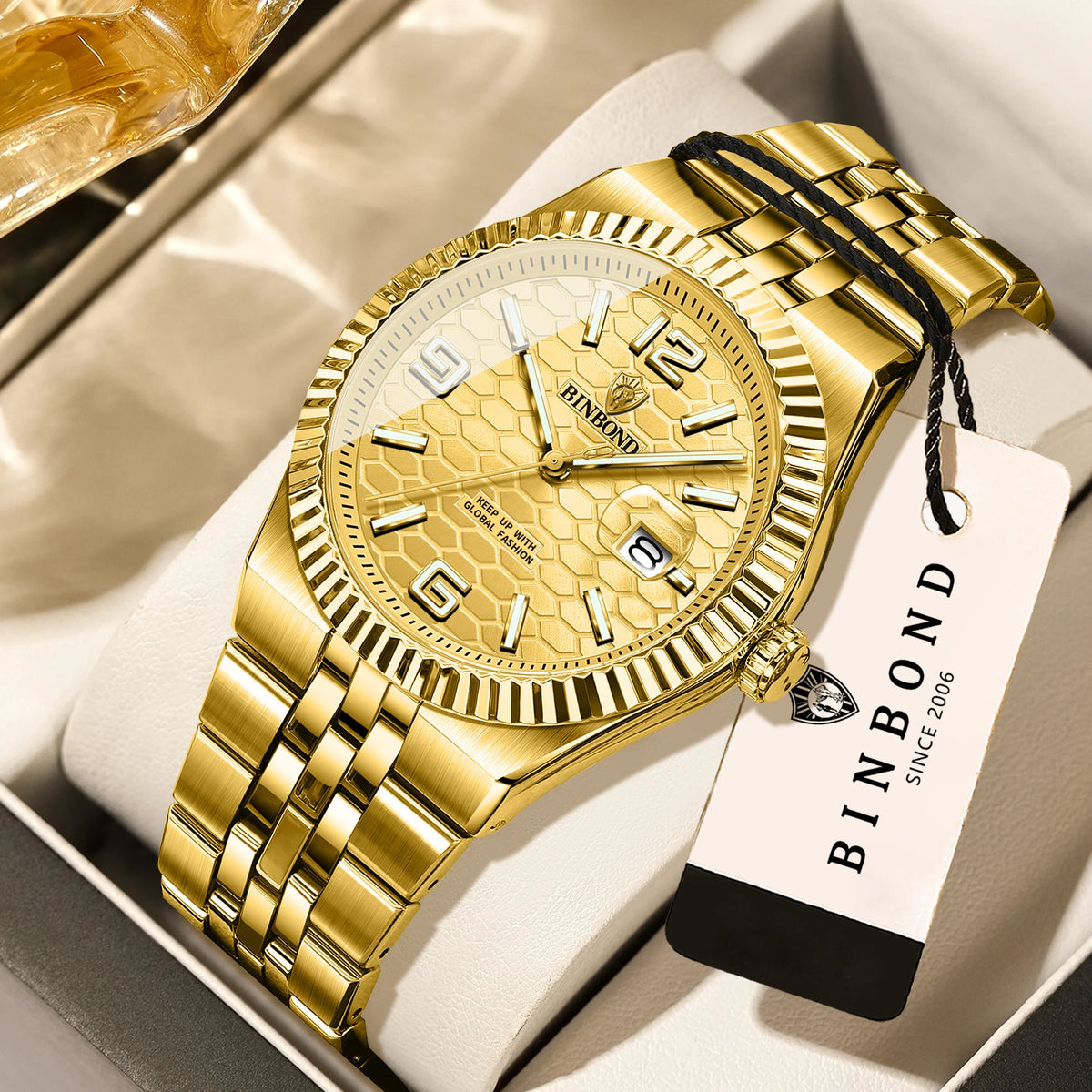 BINBOND luxury quartz wristwatch, luminous, water-resistant, automatic date, for men, stainless steel, business, sport, fashion and casual styles.