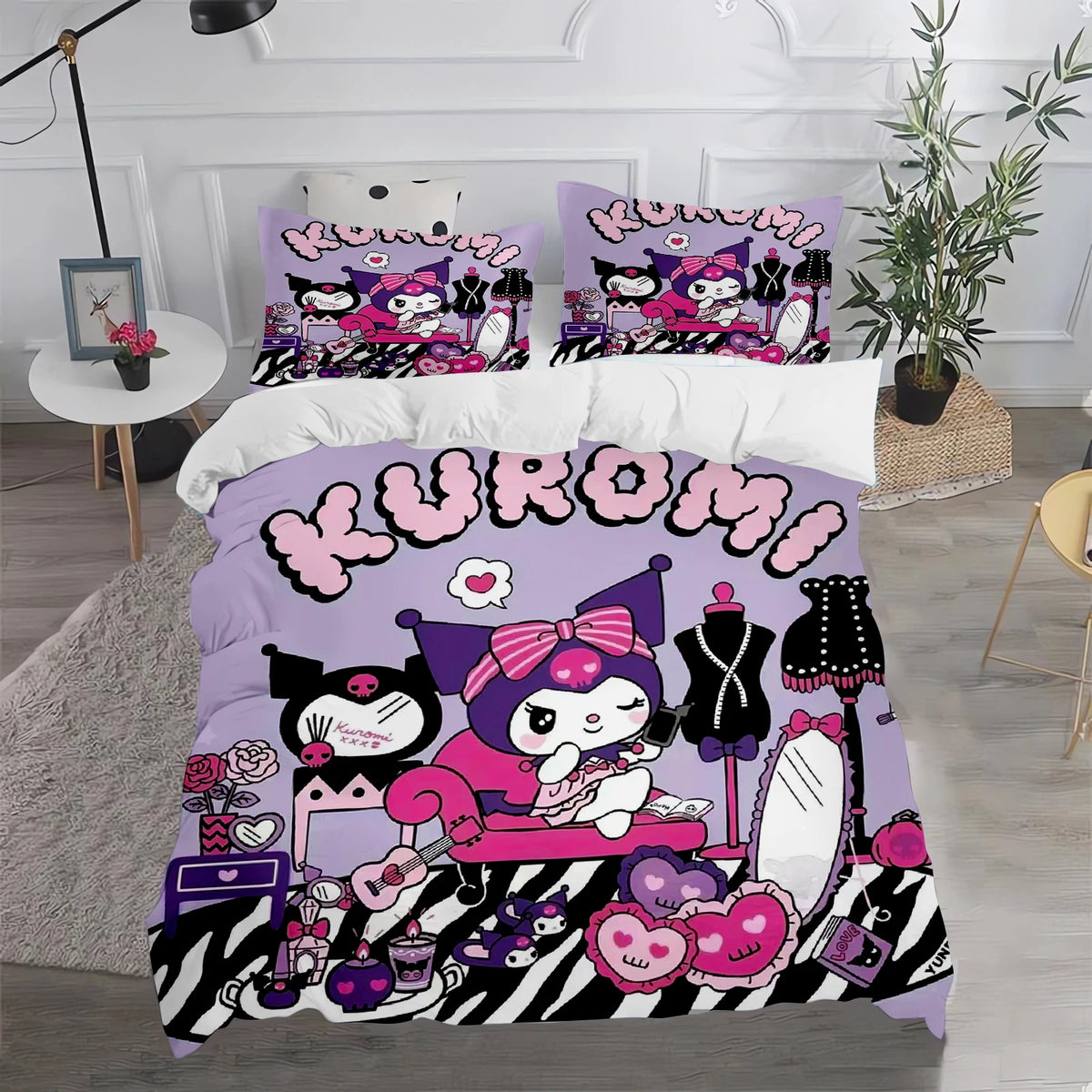 Ensemble de literie Kuromi : housse de couette et taie d'oreiller mignonnes, pour chambre d'enfant (garçon ou fille), décoration de chambre, cadeau pour enfants, taille simple, double ou grande
