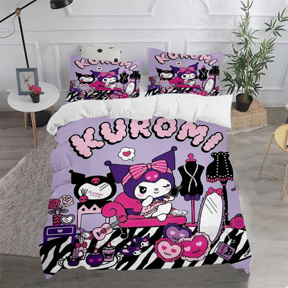 Ensemble de literie Kuromi : housse de couette et taie d'oreiller mignonnes, pour chambre d'enfant (garçon ou fille), décoration de chambre, cadeau pour enfants, taille simple, double ou grande