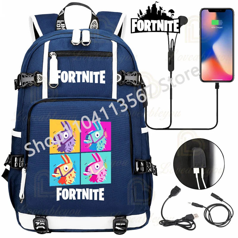 Red Jade F-Fortnited Battle Royale Backpack with USB Charging Anime Figures Study Stationery Compartment for Students Mochila