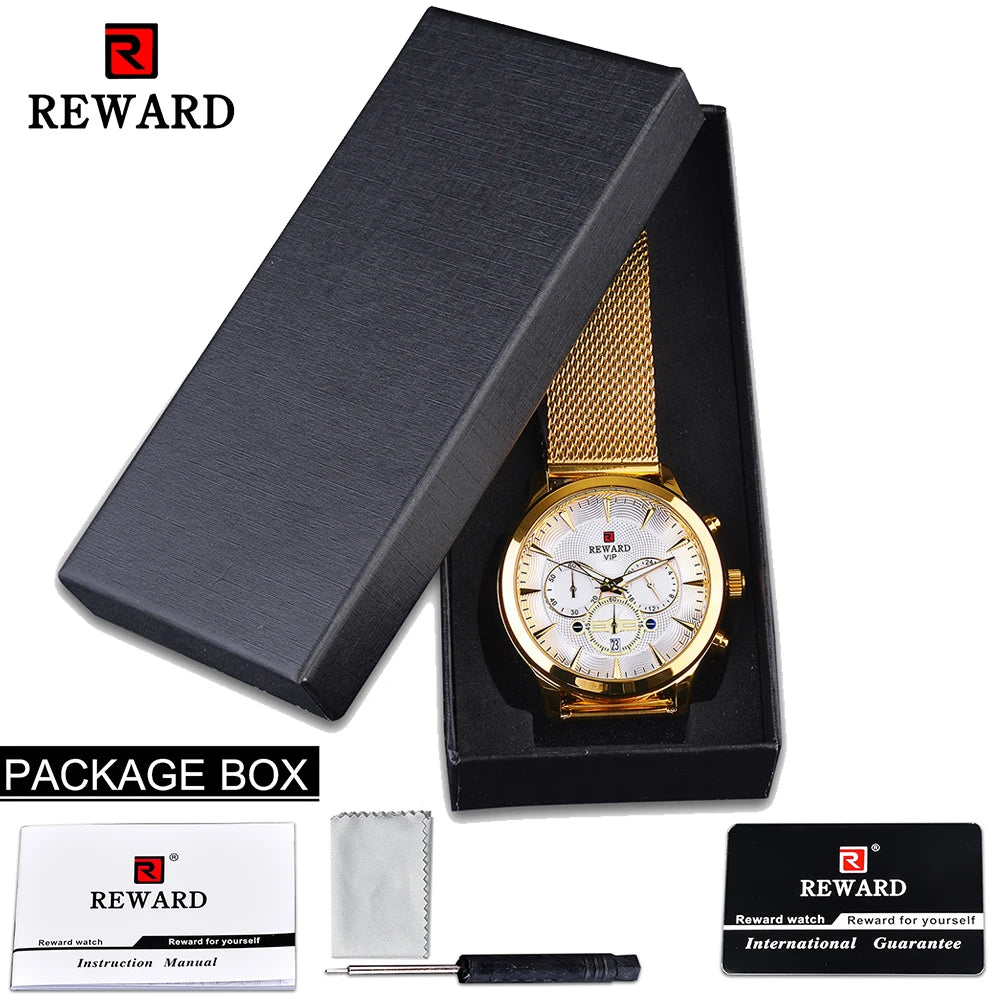 REWARD Business Watches Quartz Movement Fashion Men Gold Stainless Steel Watch Luxury Calendar Quartz Wrist Watch