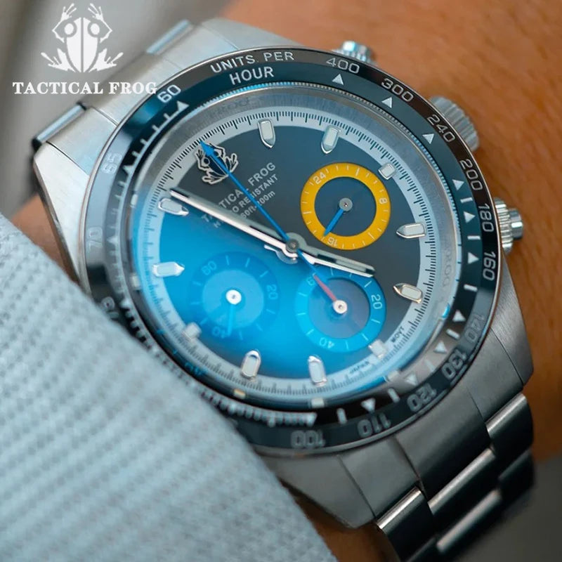 Relógio cronógrafo masculino Tactical Frog de 41mm, movimento Solar Quartz VS75, resistente à água, safira, luminosidade verde C3, relógio de pulso de quartzo