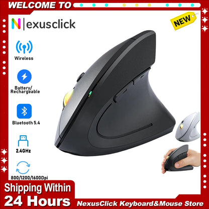 NexusClick Bluetooth-langaton pystysuora hiiri, ladattava ergonominen hiiri, jossa on 2,4 GHz ja Bluetooth, 1600 DPI:n säädettävä hiljainen langaton hiiri kannettavalle tietokoneelle ja pöytätietokoneelle
