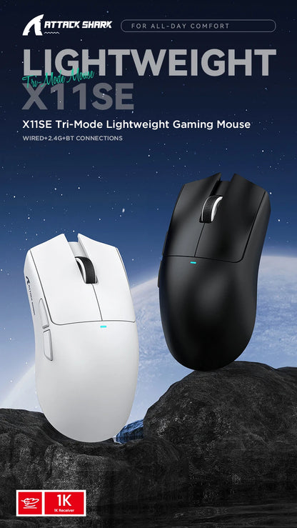 Ratón gaming inalámbrico ATTACK SHARK X11SE, trimodo, superligero de 63g con sensor PAW3311, 22000 DPI, batería de 300mAh, controlador dual