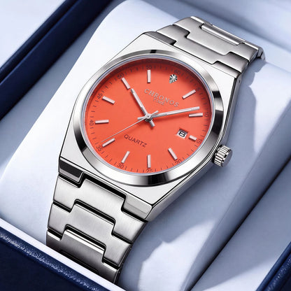 Reloj de cuarzo para hombre CHRONOS: correa de acero inoxidable, resistente al agua, agujas luminiscentes, indicador de fecha. Ideal para el trabajo, el deporte o el día a día.