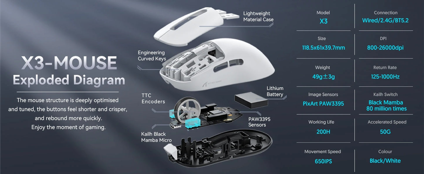 ATTACK SHARK X3 trådlös gamingmus, 49g ergonomisk PC-mus, trippellägen, PAW3395 26K DPI optisk sensor, programmerbara knappar