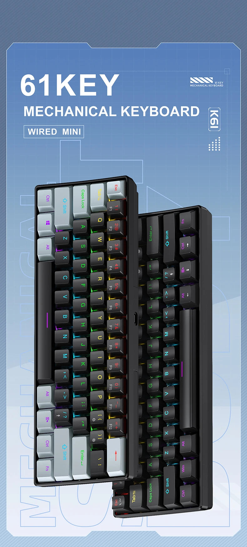 60% Portable Mini Keyboard APAYADO K61 Mechanical Keyboard Wired, 61 Keys RGB Black,White, Red/Blue Switch for Gaming