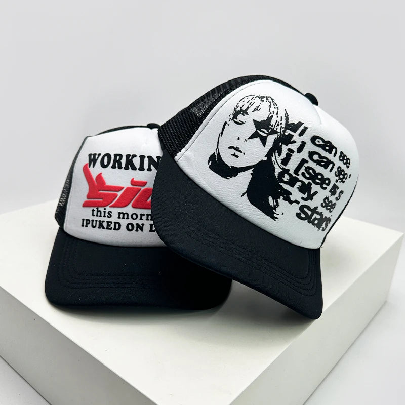 Kšiltovky ve stylu amerických kšiltovek s potiskem Cruise Anime New Letter Mesh Trucker – sluneční, prodyšné baseballové kšiltovky pro muže i ženy, univerzální módní kousek