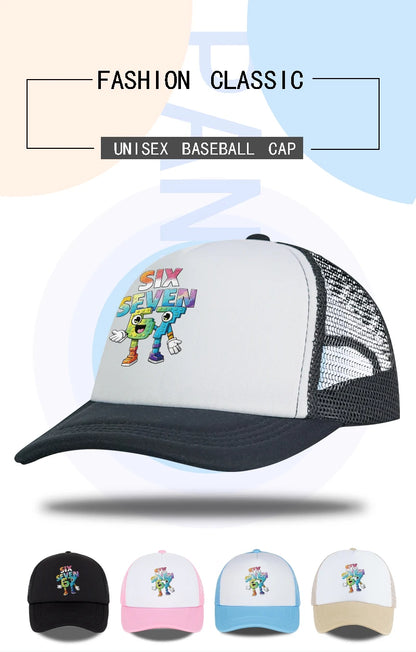 Six Seven Cartoon Number Print Sponge Mesh Cap – Unisex Colorful Building Block Mesh Baseball Cap – Adjustable, Breathable Sun H