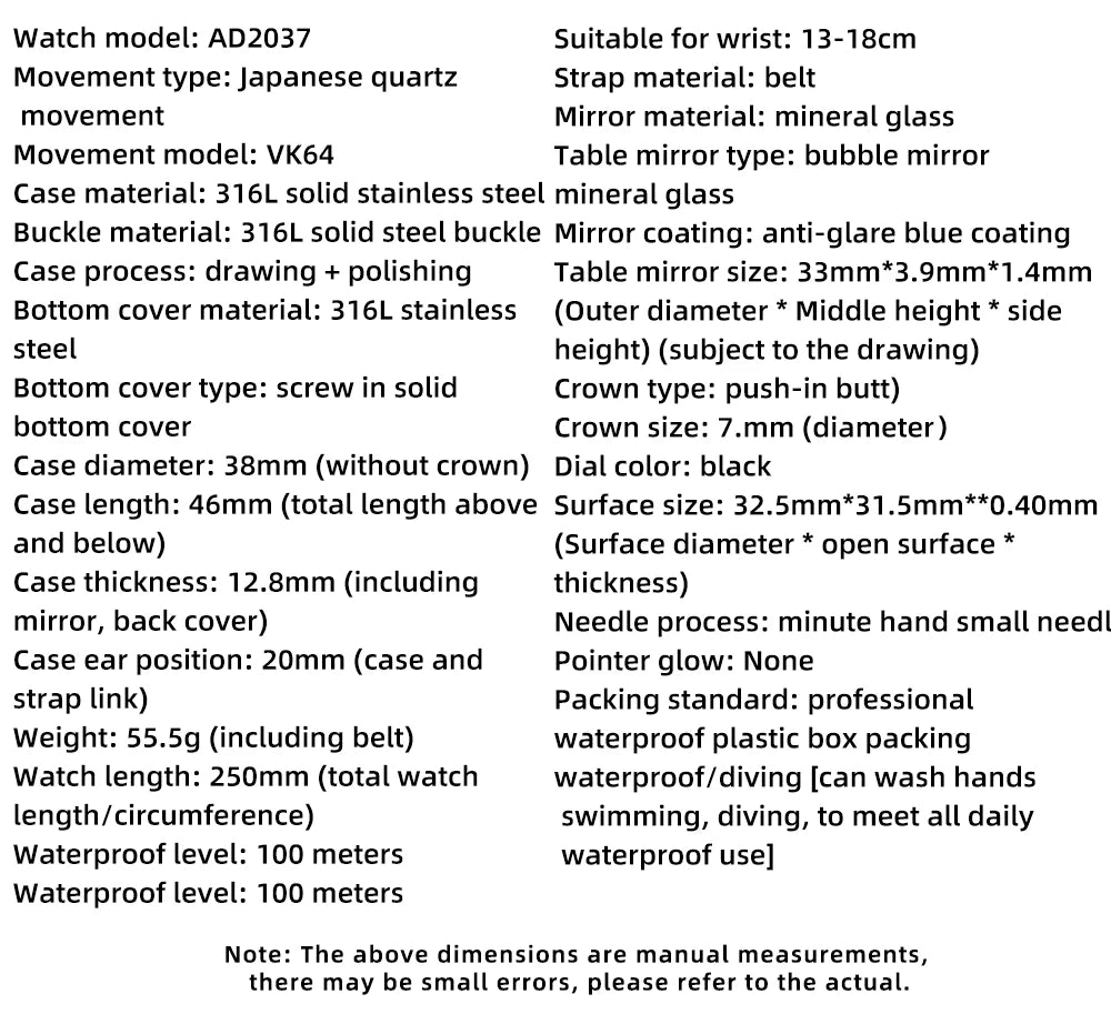 ADDIESDIVE AD2037 Men Quartz Watch Multifunctional 24 Hour Chronograph Black Dial Leather Watches 100m Dive Business Wristwatch