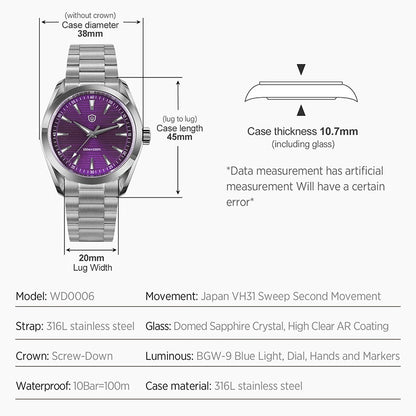 Watchdives WD0006 V2 Watch VH31 Sweep Second Quartz Movement Sapphire Luminous Stainless Steel Watches Waterproof 38mm Watch