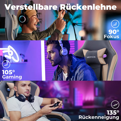 Cadeira Gaming WOTSTA com Apoio para Pés, Cadeira Gamer Ergonómica com Almofada Lombar, Apoio de Cabeça e Altura Ajustável para Computador