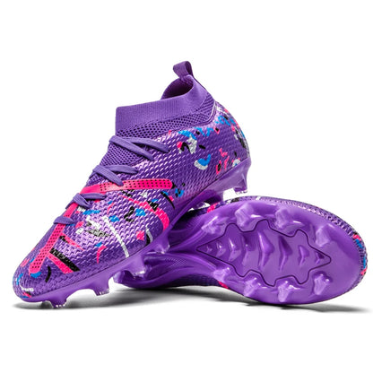 Chaussures de football mi-hautes FG pour terrain ferme, empeigne texturée imprimée graffiti, bottes de football à lacets, crampons durs transparents professionnels