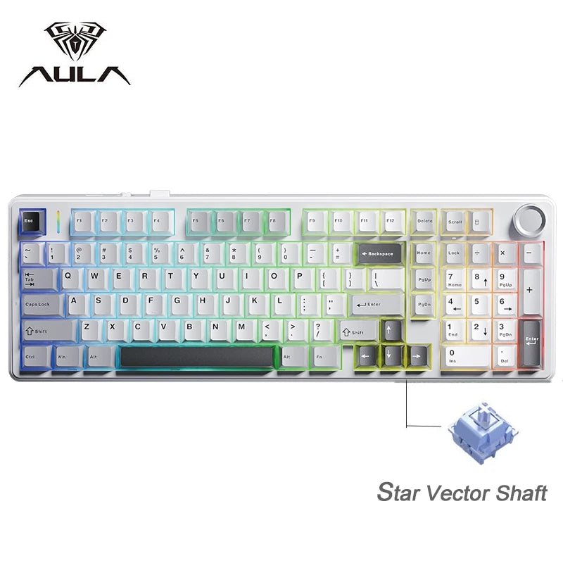 Tastiera meccanica gaming AULA F99PRO 99 tasti, tri-mode wireless, hot-swappable, struttura gasket, tastiera personalizzabile con manopola multimediale