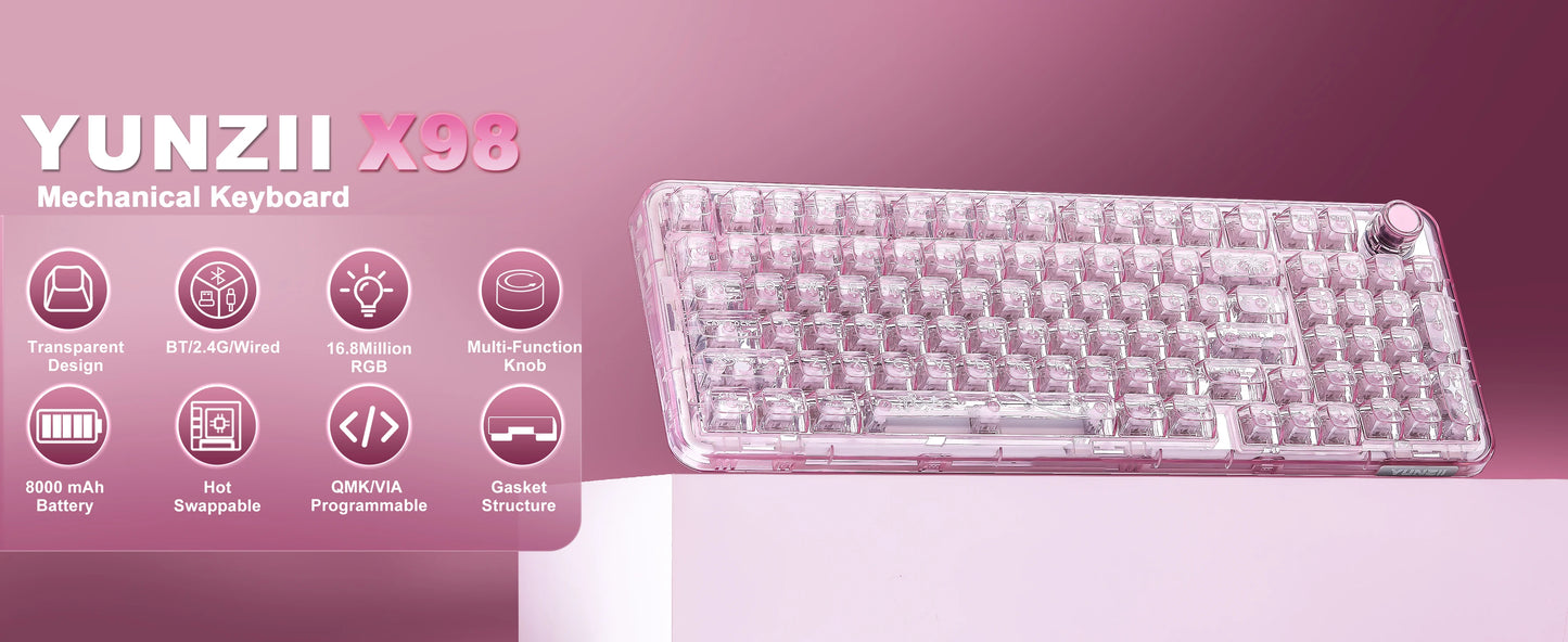 YUNZII X98 Pink QMK/VIA Wireless Transparent RGB Keyboard, Hot-Swap Gasket Mechanical Gaming Keyboard, Pre-lubed Knob Keyboard