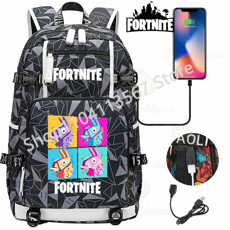 Red Jade F-Fortnited Battle Royale Backpack with USB Charging Anime Figures Study Stationery Compartment for Students Mochila