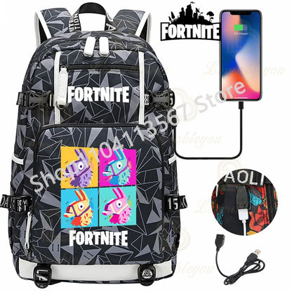Red Jade F-Fortnited Battle Royale Backpack with USB Charging Anime Figures Study Stationery Compartment for Students Mochila