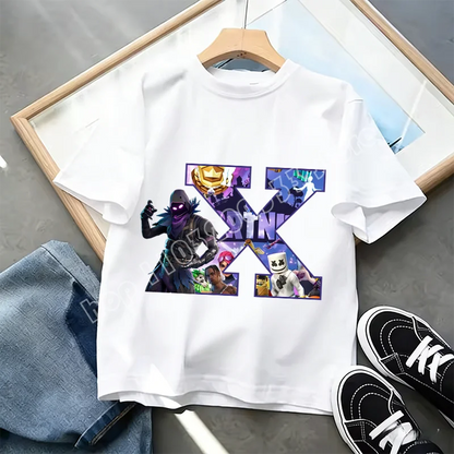 Μπλουζάκι Fortnite με στάμπα αλφαβήτου A-Z για παιδιά, καλοκαιρινό, λευκό, δημοφιλές cartoon game, casual κοντομάνικο τοπ μόδας, ιδανικό για δώρο