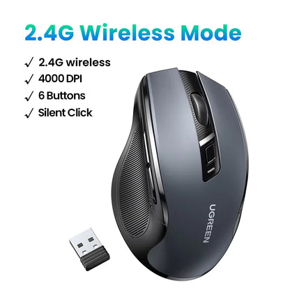 Ratón inalámbrico UGREEN Bluetooth 5.0 ergonómico, 4000DPI, 6 botones silenciosos, para MacBook, tabletas, portátiles, ordenador PC, 2.4G