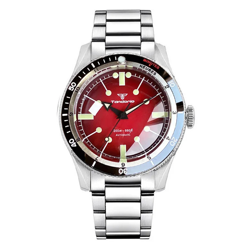Tandorio NH35A PT5000 Mechanical Men's Watch 20BAR Waterproof Sapphire Luminous Red Black Dial Stainless Steel Bracelet New Clock