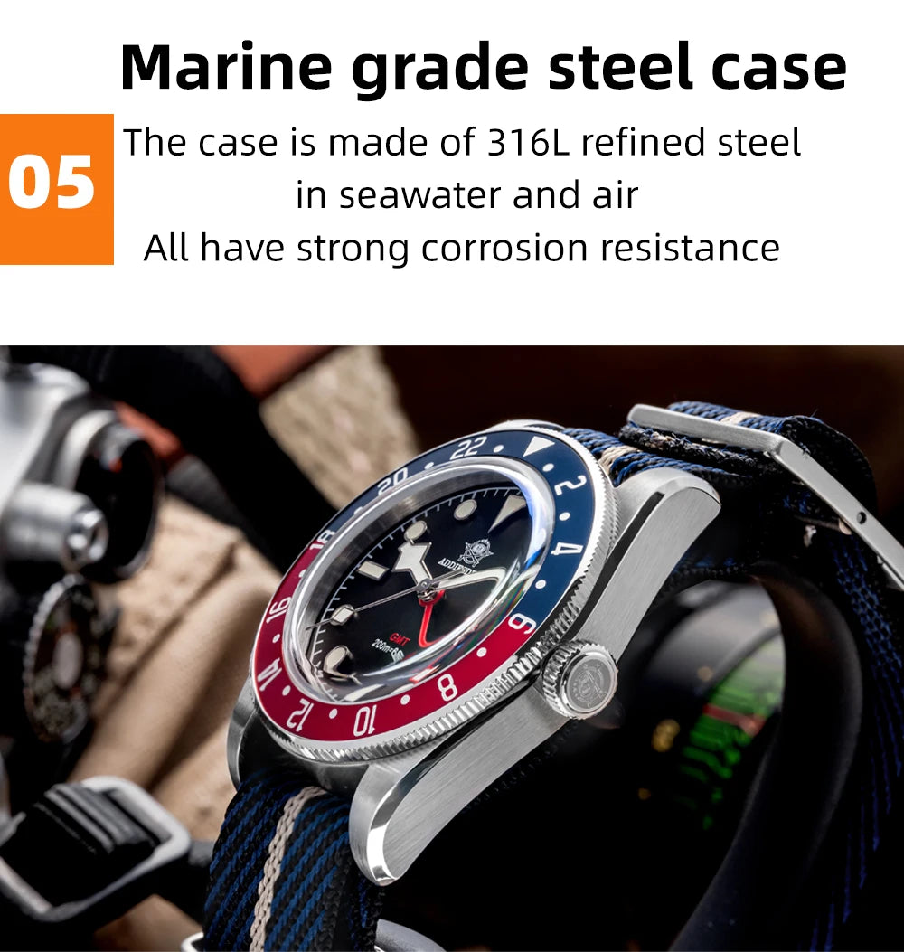 ADDIESDIVE GMT Quartz Watches Bubble Mirror Glass AD2044 Men's Sport Diver Watch 20Bar Waterproof Super Luminous Man WristWatch