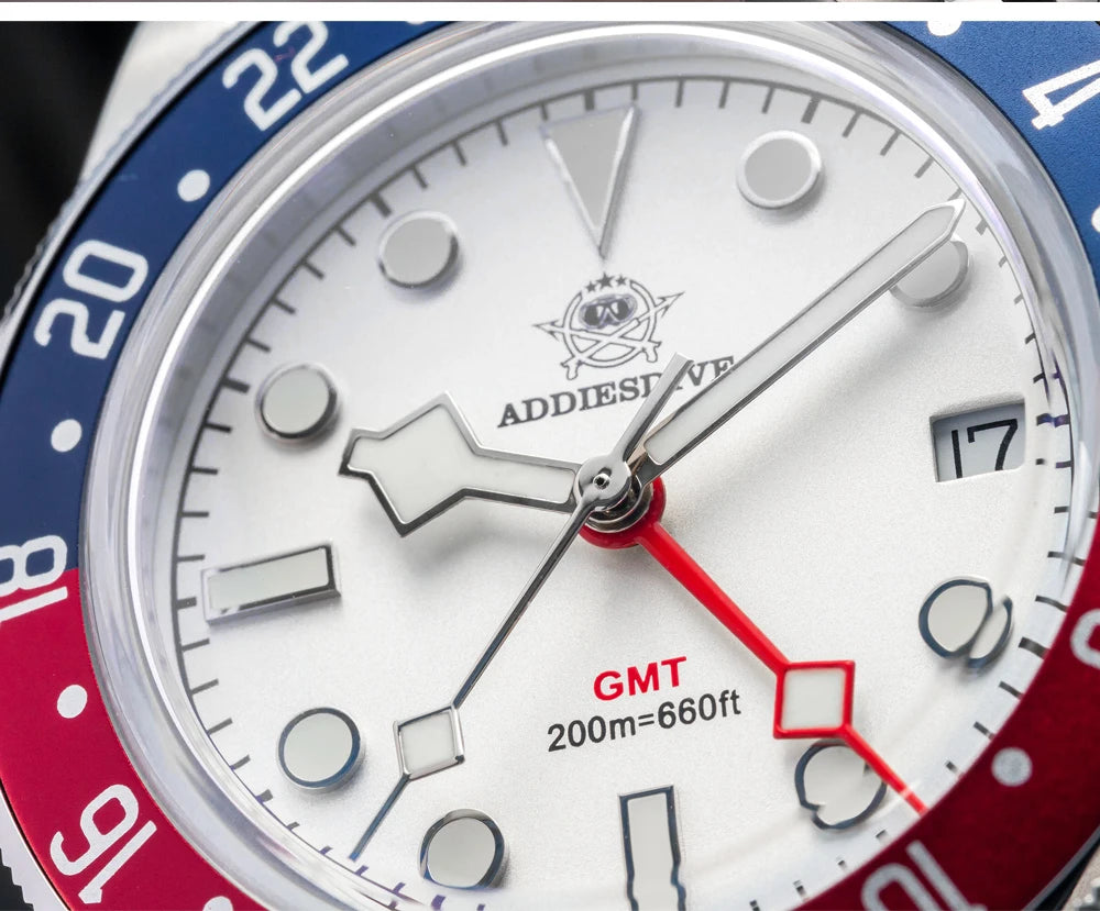 Montre de plongée pour homme ADDIESDIVE GMT515-24H – Étanchéité 200 m, verre bombé, revêtement luminescent BGW9, boîtier en acier inoxydable, affichage analogique