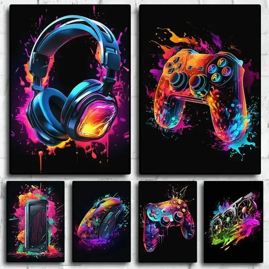 Pop-neonposter met videogamepersonage, gamepad, koptelefoon, voetbal en basketbal, canvasprint, wanddecoratie, decoratie voor gamingkamer