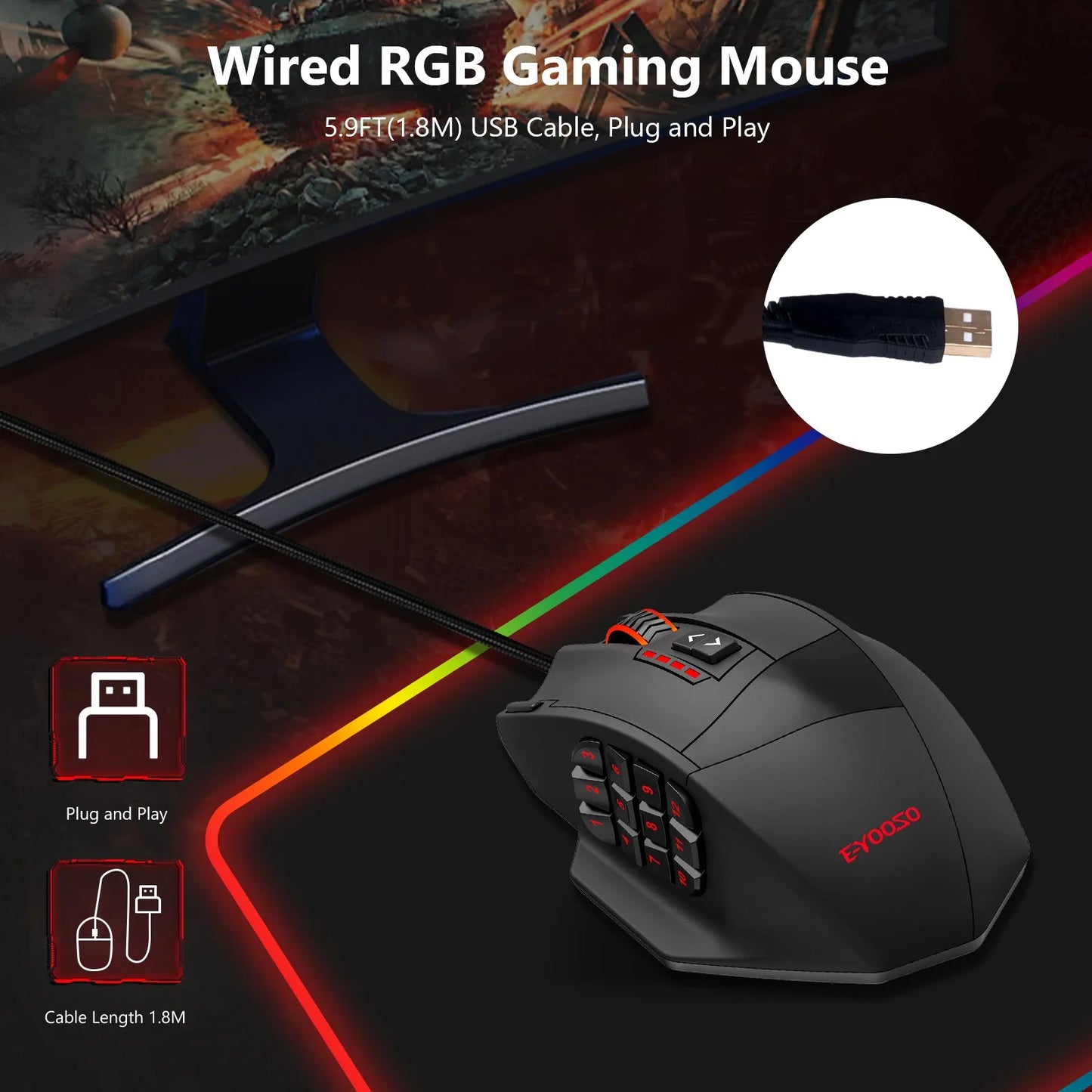 E-YOOSO X-39 programmierbare Gaming-Maus, kabelgebundene RGB-Maus mit 18 Tasten, 8 herausnehmbaren Gewichten, 5 DPI-Stufen, ergonomischem Griff für Computer