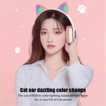 Flash Light Cute Cat Ears Wireless Headphone with Mic Control LED Kid Girl Stereo Music Helmet Phone Bluetooth Headset Gift