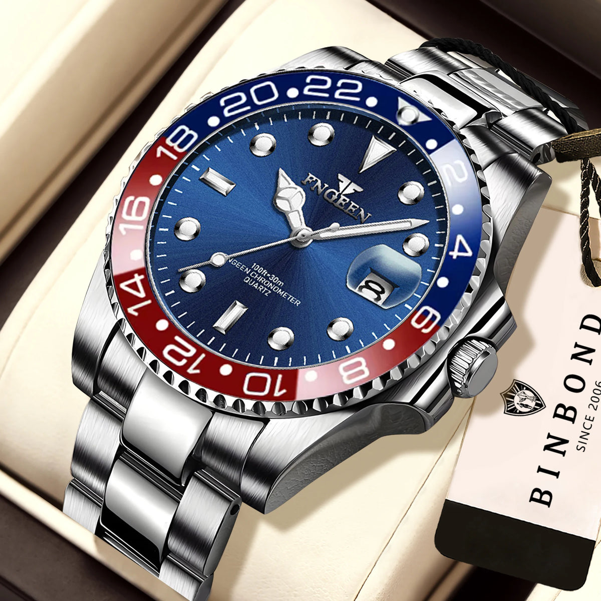 Relógio de pulso de quartzo FNGEEN Son Brand da BINBOND com bracelete em aço inoxidável para homem, luminoso e estanque, de luxo.