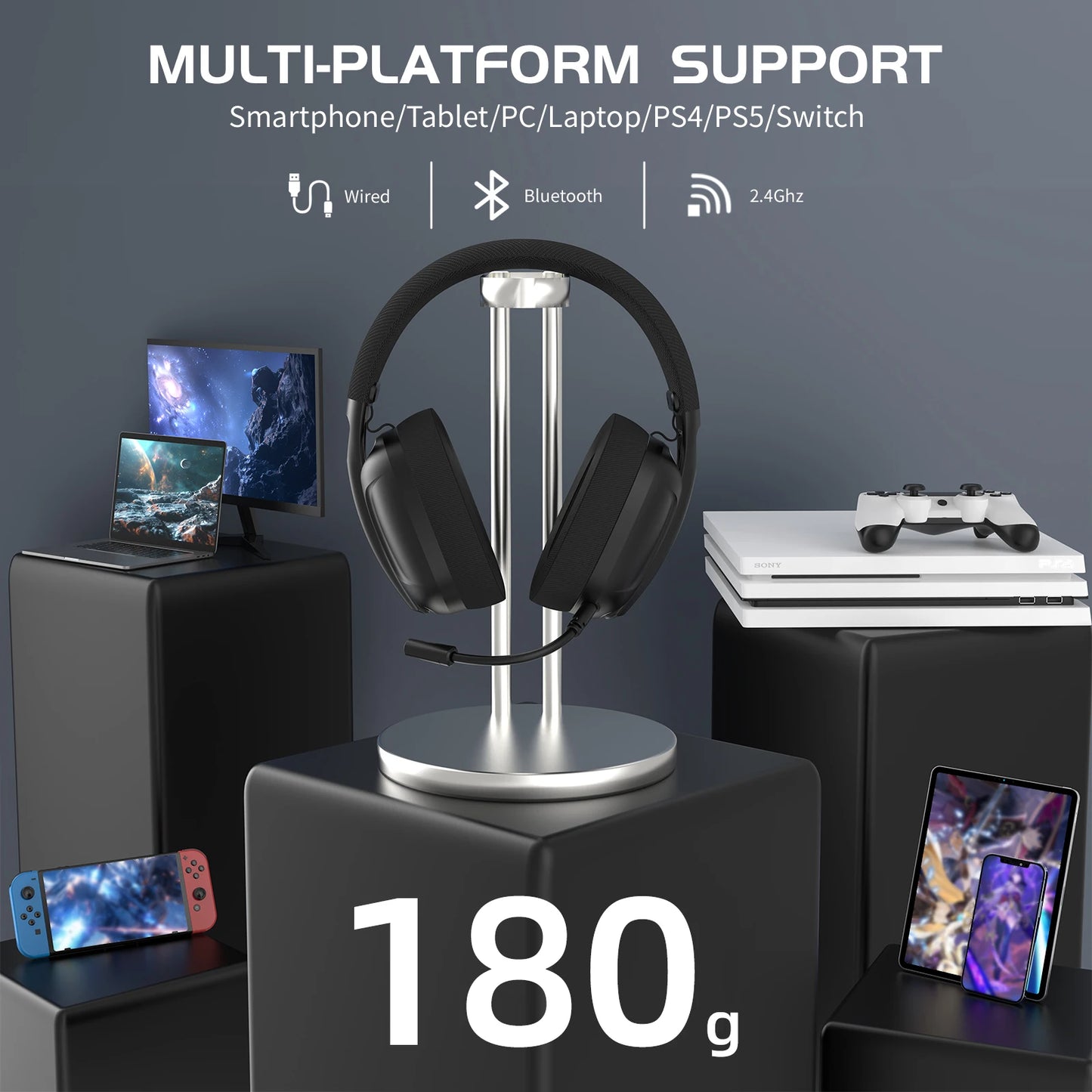Headset Gaming ATTACK SHARK L80 Ultra-Leve 180g – Sem Fios Tri-Mode (Bluetooth 5.3 / 2.4G / Com Fio), Som Surround 5.1, Drivers de 40mm, Microfone Removível