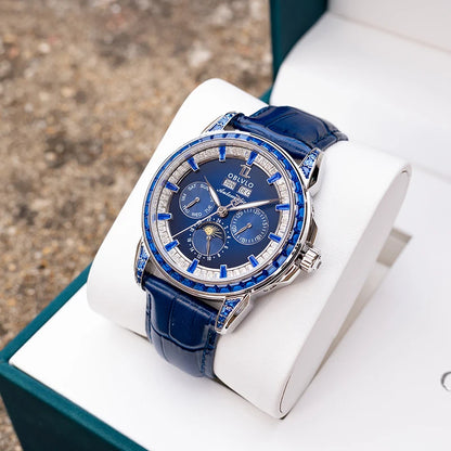 OBLVLO Men's Automatic Watch 40mm Mechanical Wristwatch 5ATM Luminous Crystal Bezel Year, Month, Week, Date, 24 Hours TY1655 Movement