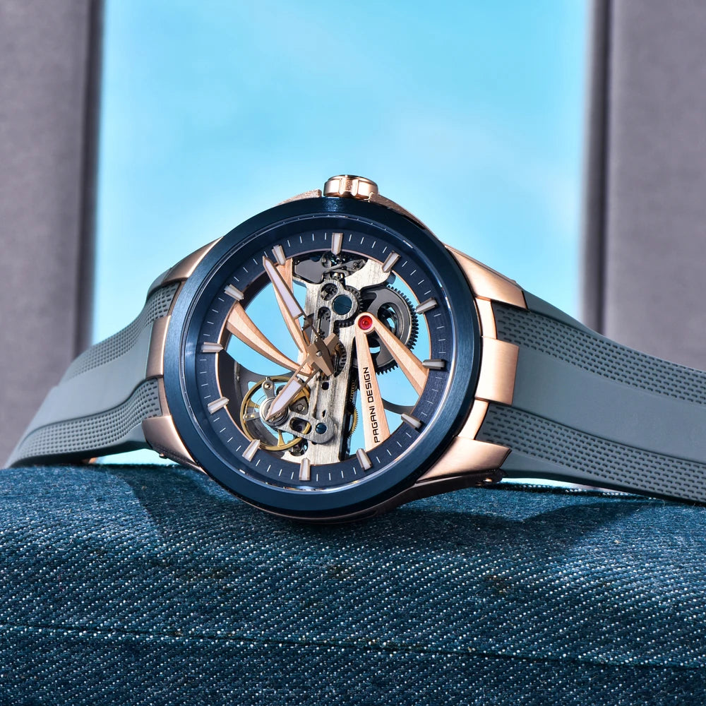 Montre pour homme PAGANI DESIGN – Modèle mécanique automatique de luxe, type « squelette » (à cœur ouvert), doté d’un tourbillon, verre saphir avec traitement antireflet, étanche et luminescent.