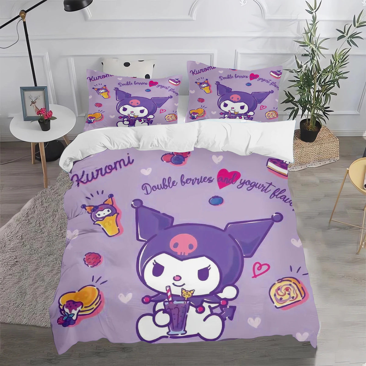 Ensemble de literie Kuromi : housse de couette et taie d'oreiller mignonnes, pour chambre d'enfant (garçon ou fille), décoration de chambre, cadeau pour enfants, taille simple, double ou grande