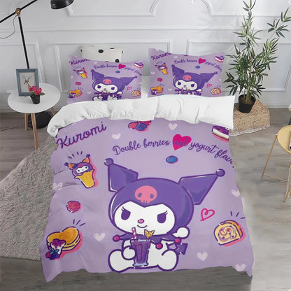 Ensemble de literie Kuromi : housse de couette et taie d'oreiller mignonnes, pour chambre d'enfant (garçon ou fille), décoration de chambre, cadeau pour enfants, taille simple, double ou grande